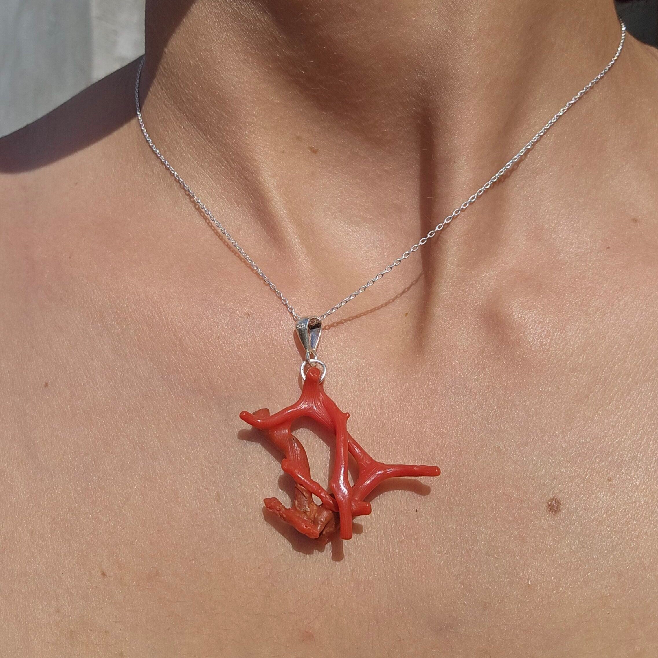 Collier corail rouge naturel argent 925
