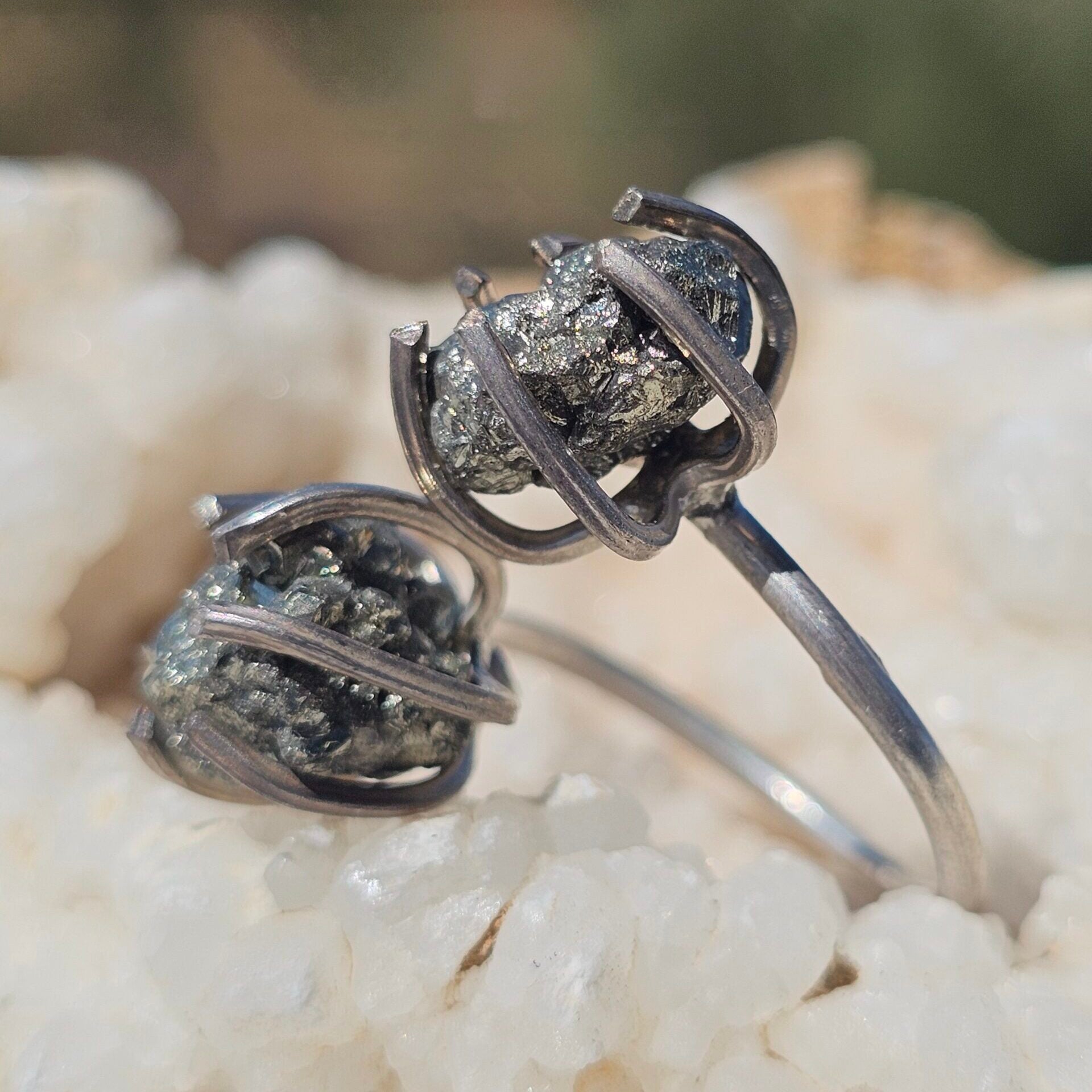 Bague à double pyrites en argent 925 (ajustable)