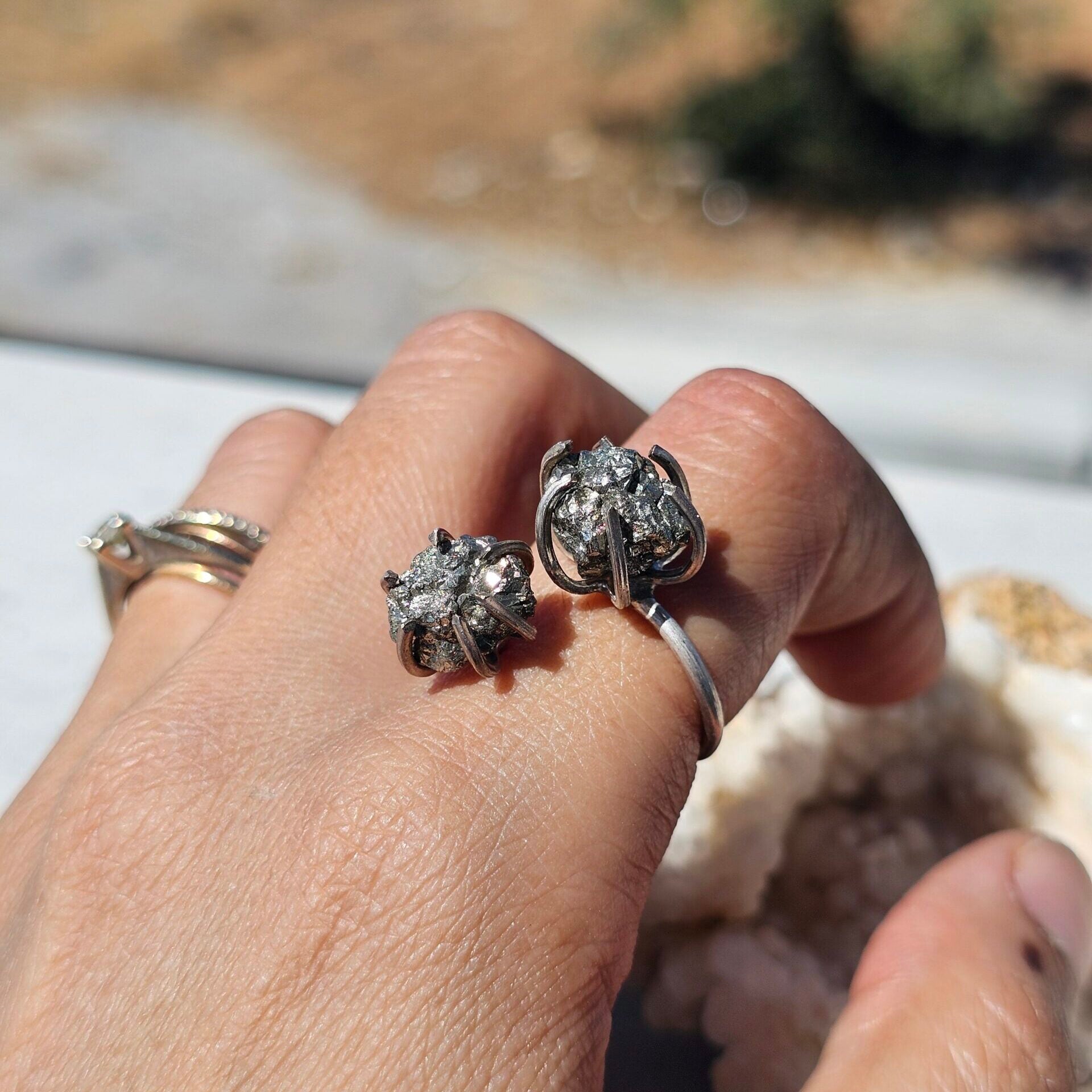 Bague à double pyrites en argent 925 (ajustable)