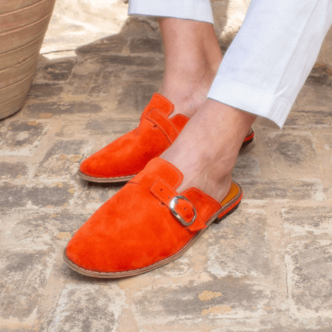 Babouche "Tangerine" en daim orange unisexe - Balgha upcylée