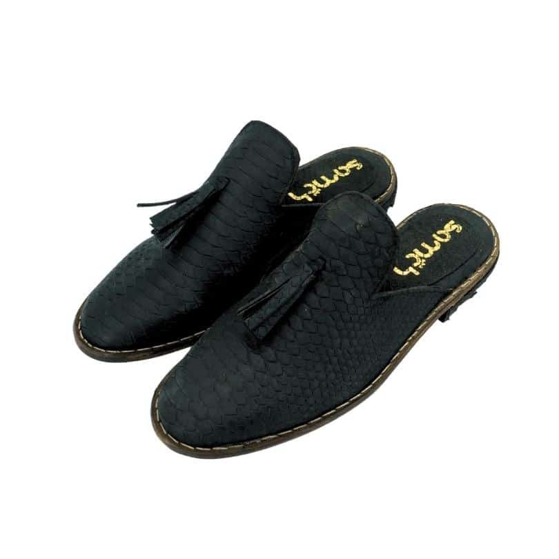 Babouche “Black Mamba” unisexe noir en cuir, balgha upcyclé