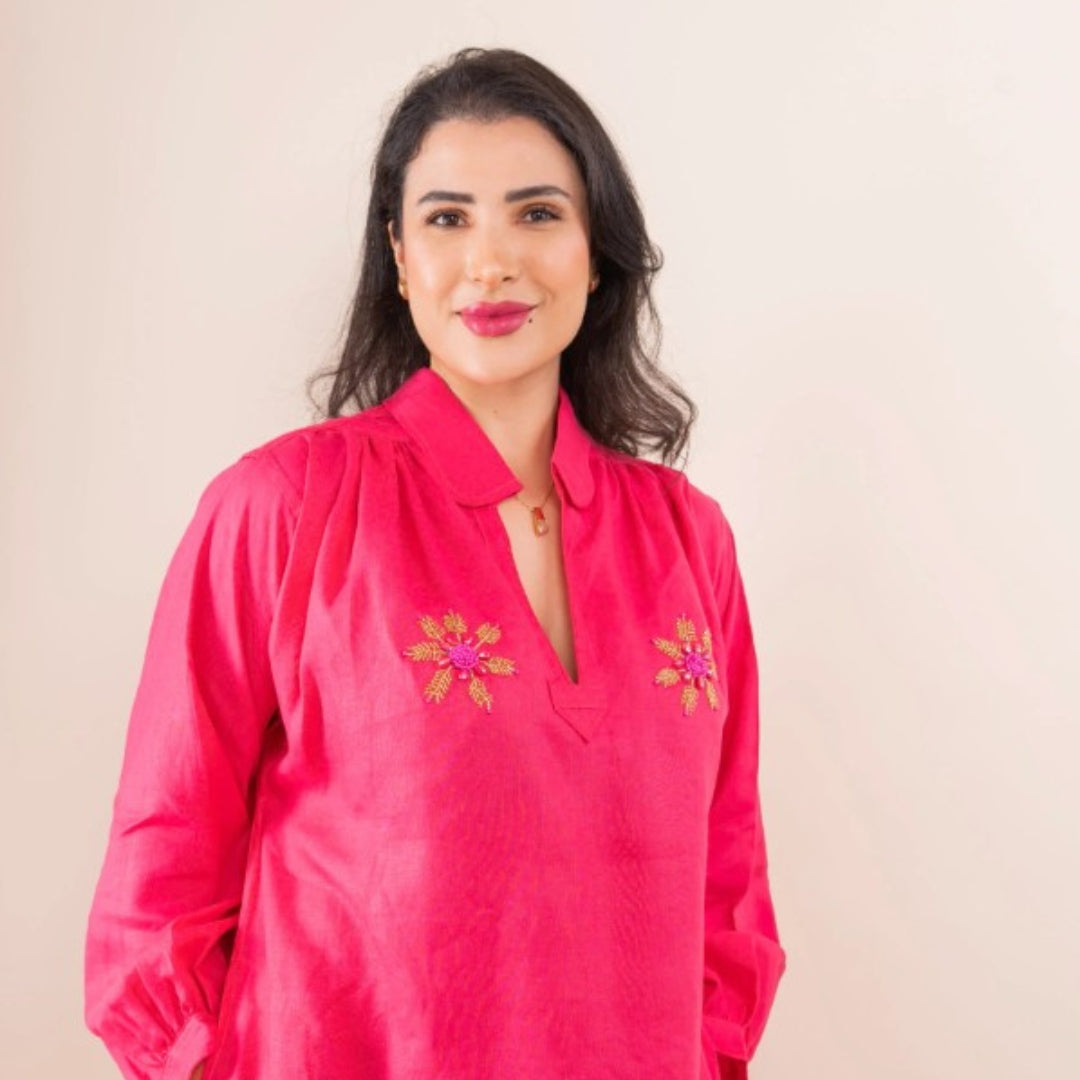 Blouza rose fuchsia en lin avec manches longues
