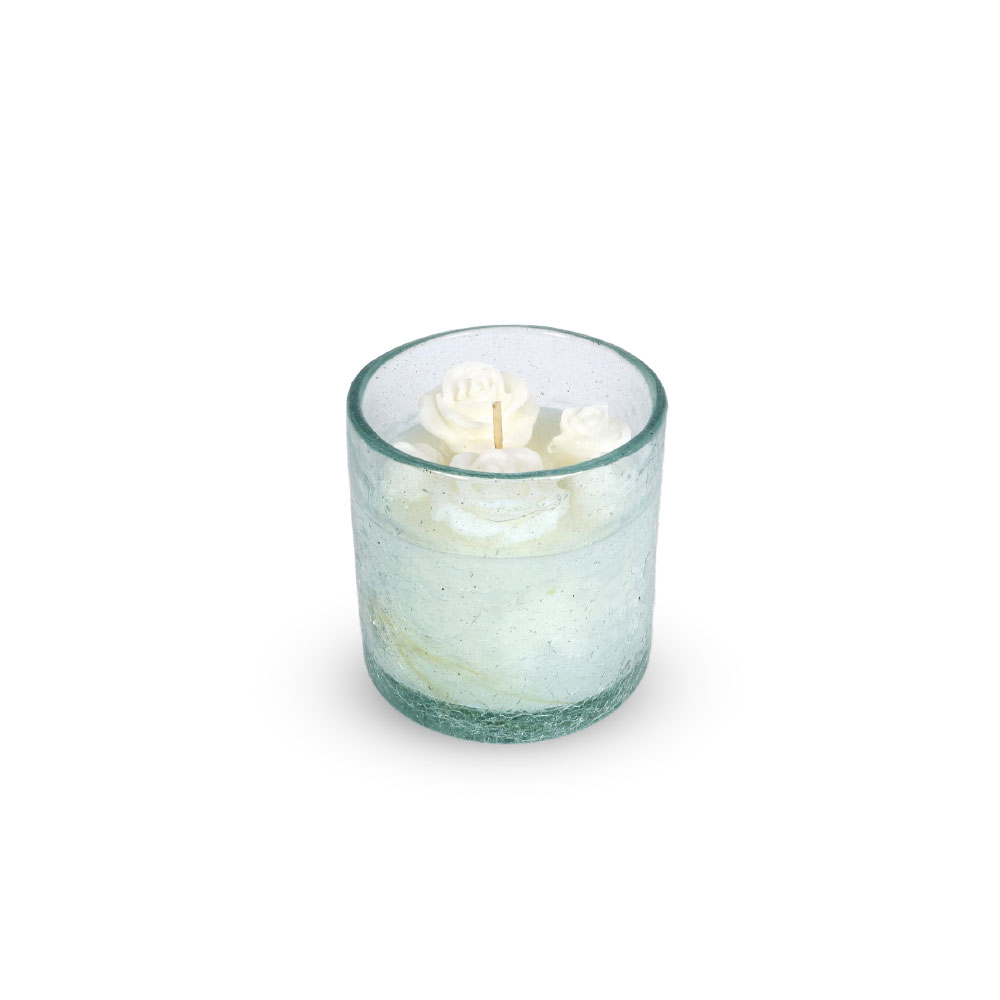 Bougie rose blanche parfumée en verre recyclé artisanal