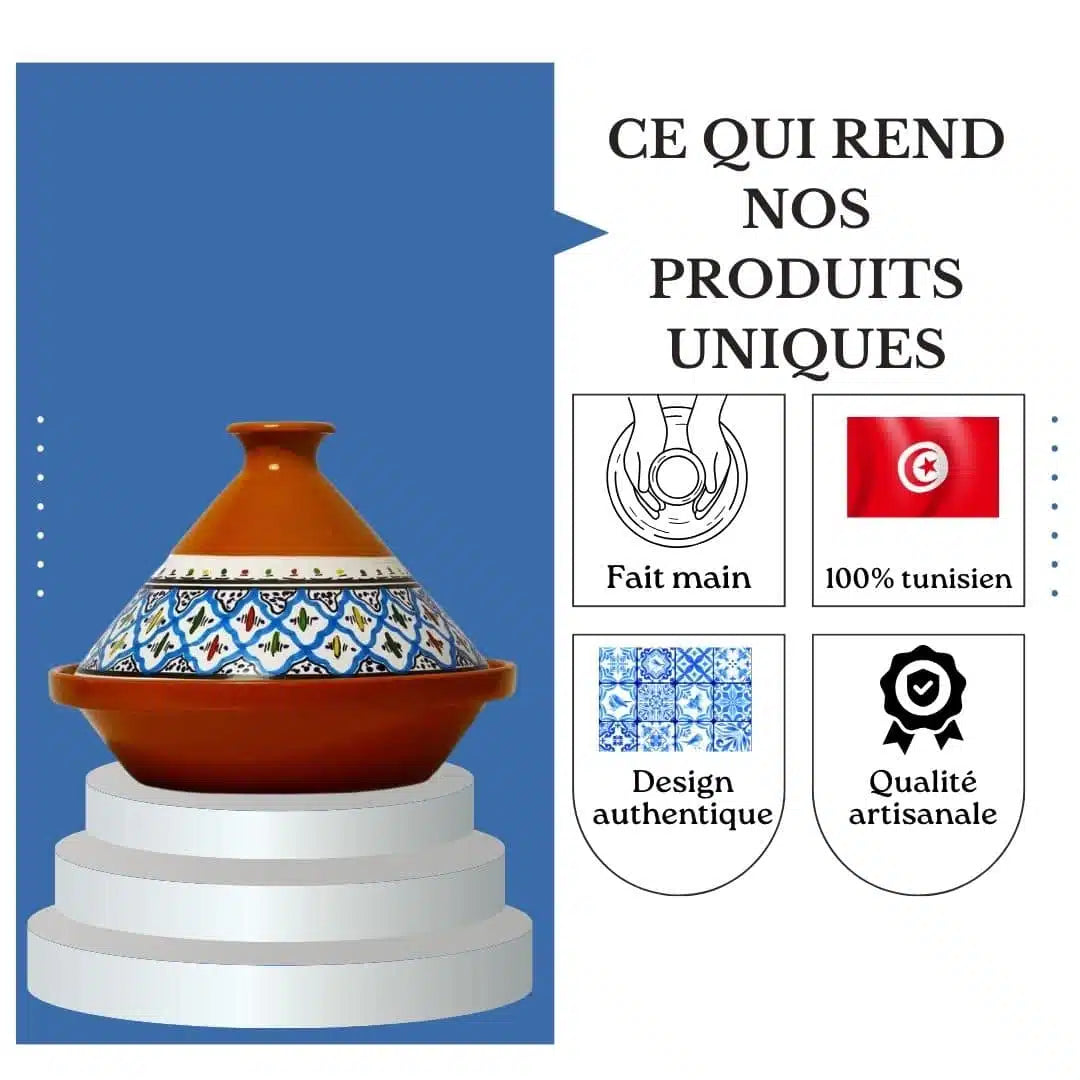 Tajine en céramique – Motif Papillon (Rouge, Bleu, Turquoise) (32 cm)