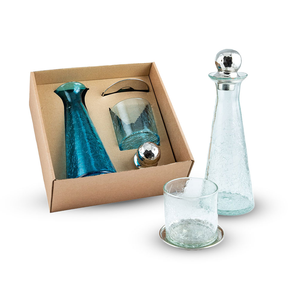 Coffret Bel Art en verre soufflé & cuivre – Carafe 1L + Tasse + Sous-tasse (Hauteur 25 cm / Tasse 8x8 cm)