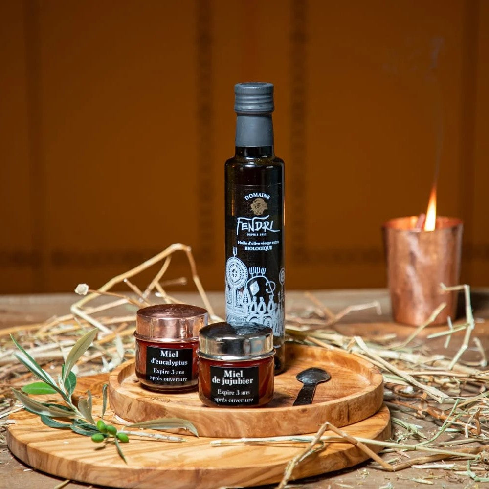 Coffret huile d’olive bio & accessoires en cuivre artisanal