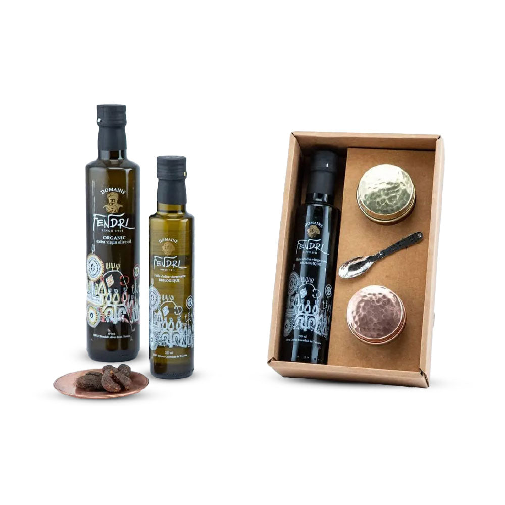 Coffret huile d’olive bio & accessoires en cuivre artisanal