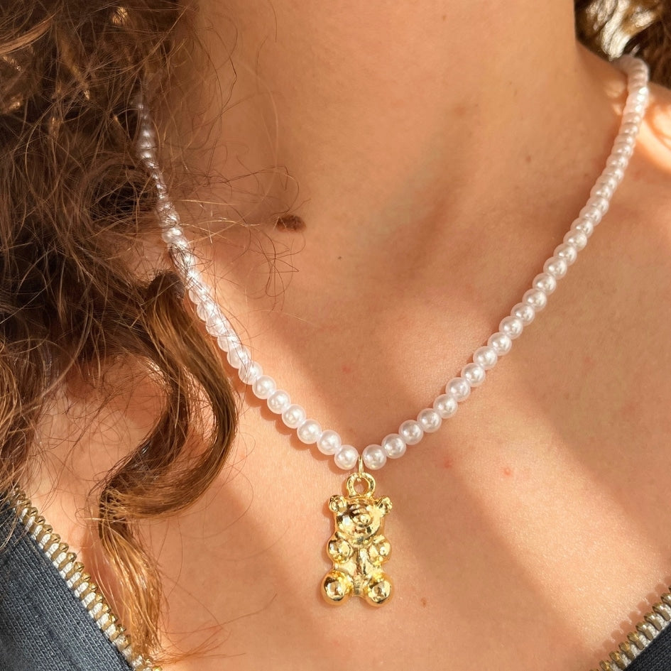 Collier en acier inoxydable avec perles blanches unisexe avec motif nounours