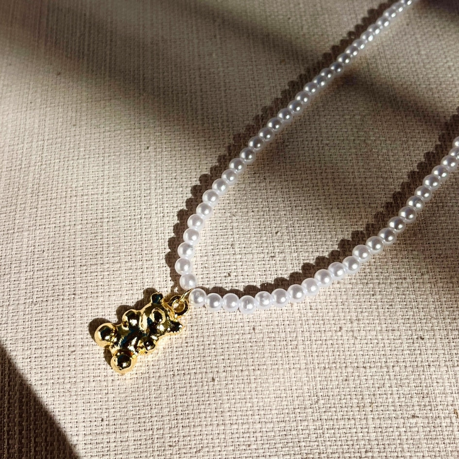 Collier en acier inoxydable avec perles blanches unisexe avec motif nounours