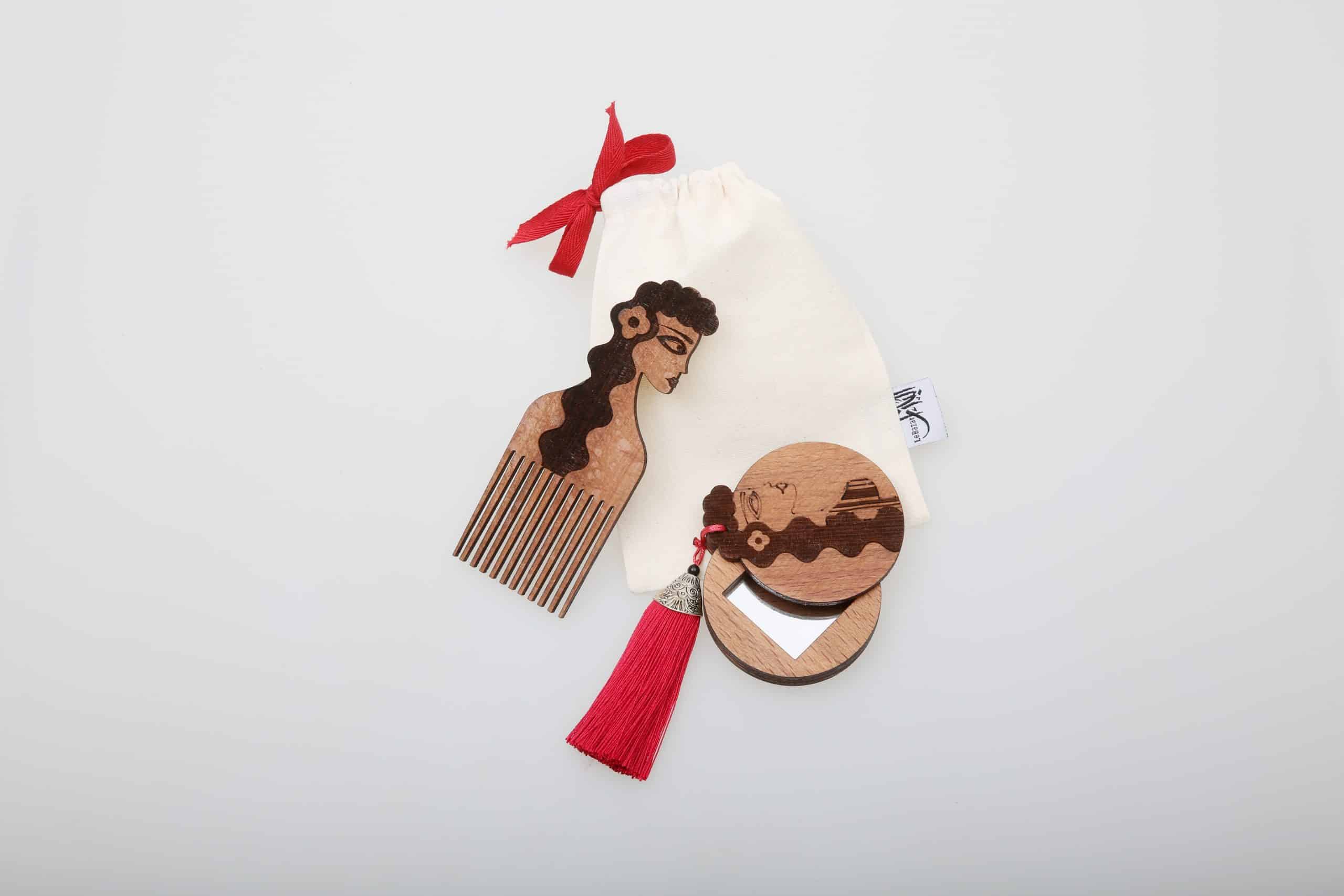 Ensemble Miroir de Poche & Peigne en Bois – Style Africain