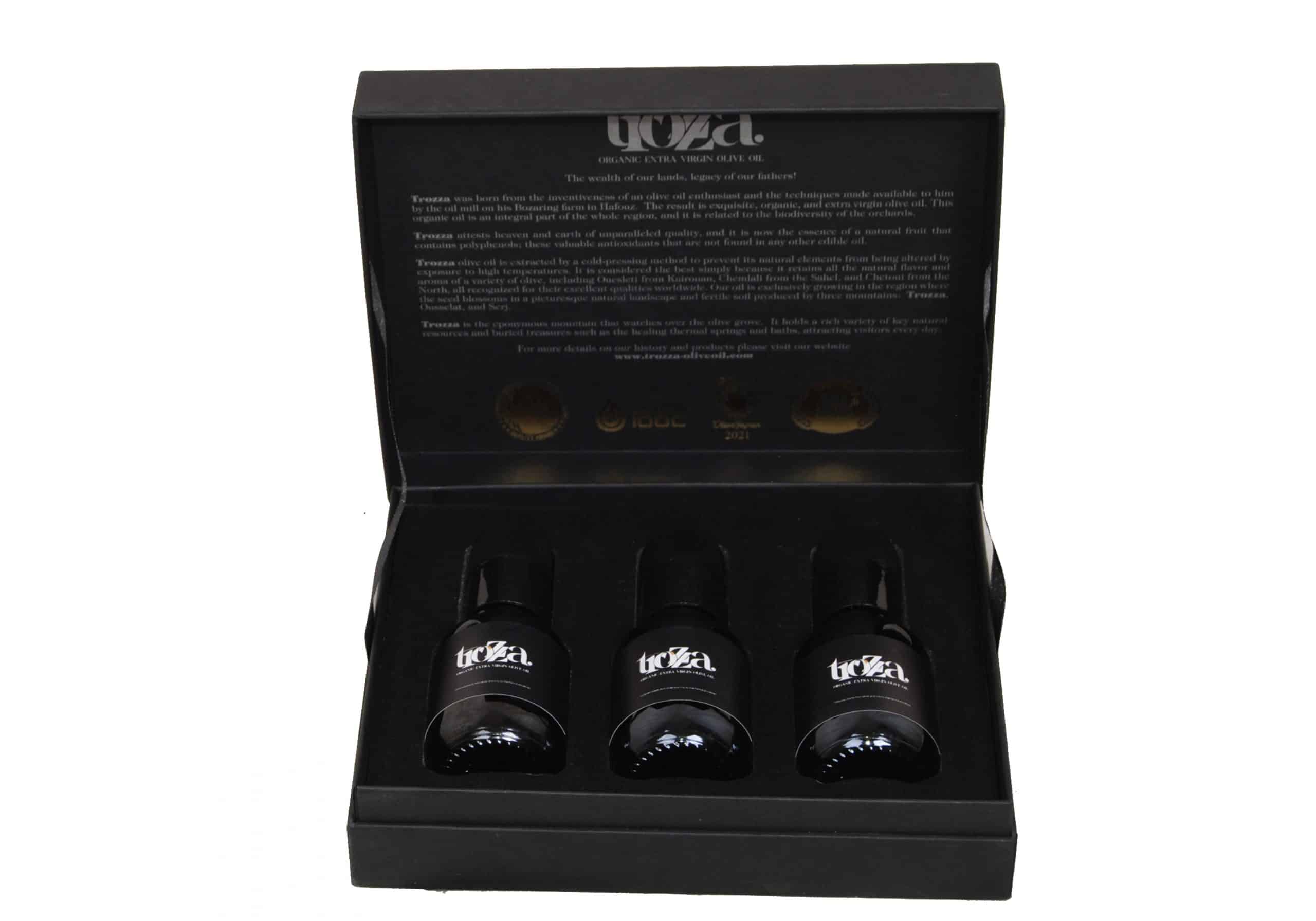 Coffret recyclable de 3 bouteilles d’huile d’olive bio extra vierge (100ml)