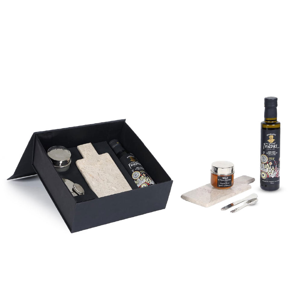 Coffret artisanal service apéritif – Cuivre & marbre Kadhel