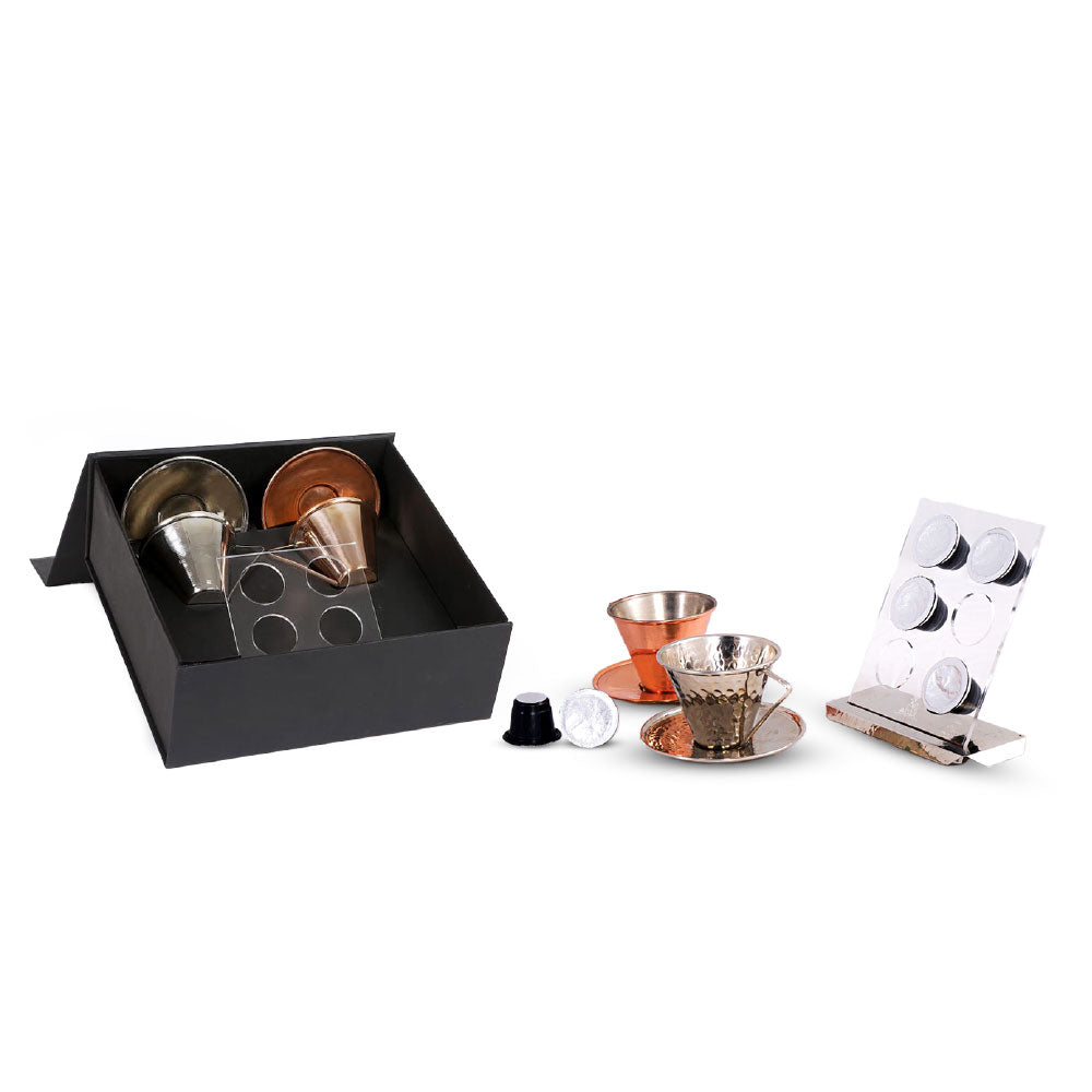 Coffret Nespresso cuivre – 2 tasses & support capsules chic