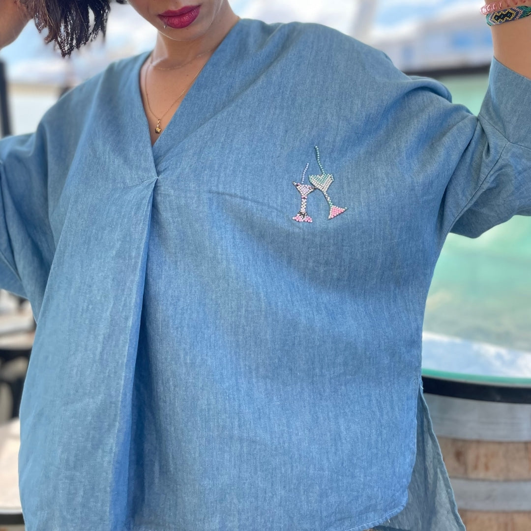 Chemise SMILE en denim léger avec strass