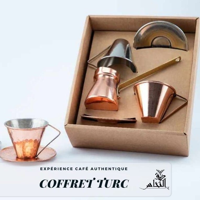 Coffret turc en cuivre martelé – Tasse + Sous-tasse + Zazoua (finitions argent/rosé)