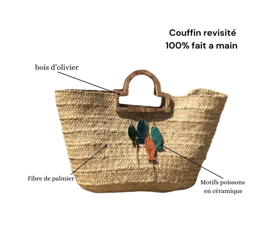Couffin de plage en paille avec anses en bois d'olivier