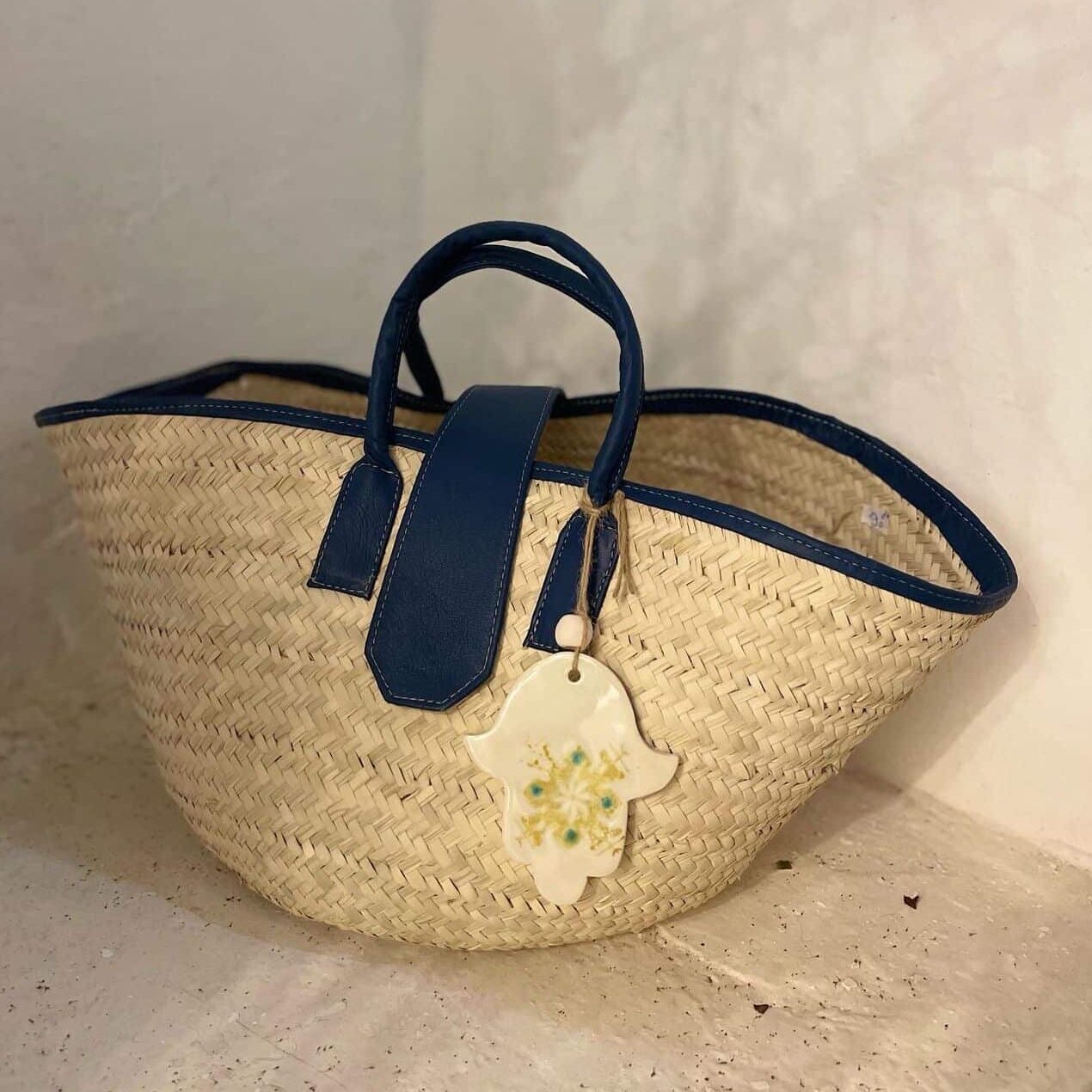 Couffin XXL de plage en paille avec anses en cuir et céramique