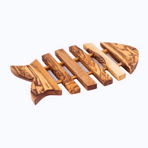 Sous-plat en bois d'olivier, forme poisson, artisanal